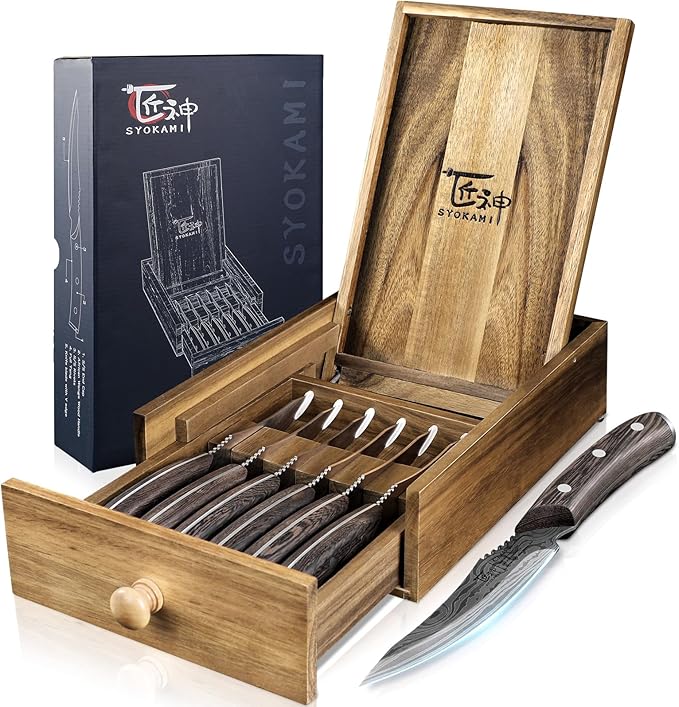 Steak Knives Set of 6 with Drawer Organizer, 4.8 Inch High Carbon Japanese Style Non Serrated Meat Knife with Wood Handle, Damascus Pattern Full Tang Design, Razor-Sharp Dinner Knives