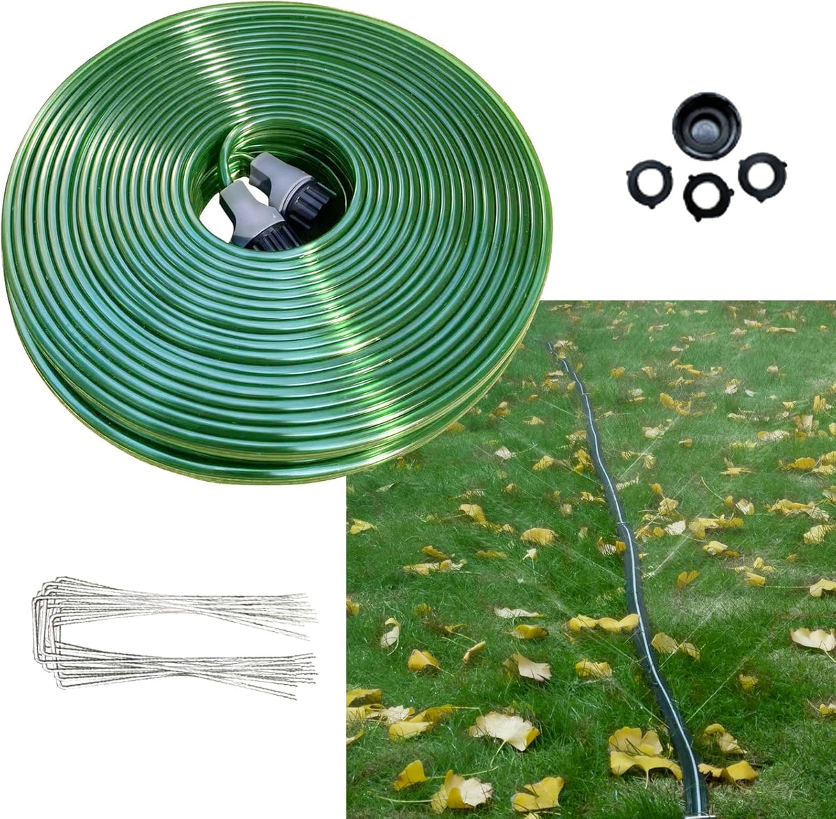 75 FT Flat Sprinkler Hose for Lawn Watering Garden Soaker Hose with Holes, Heavy Duty Lightweight No-Kink Water Hose with Stakes, Irrigation Hose, Great Fun for Kids and Dog