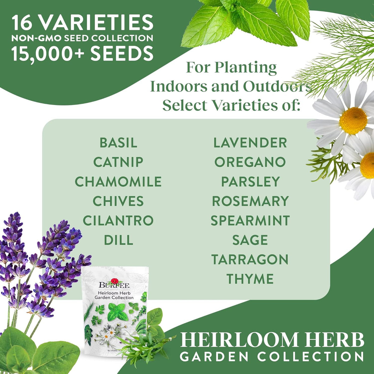Burpee Heirloom Herb Seeds Variety Pack, Non-GMO, 16 Herbs - 15,000+ Seeds with Basil, Chives, Catnip, Chamomile, Cilantro, Dill, Lavender, Oregano, Parsley, Rosemary, Spearmint, Sage, Tarragon, Thyme