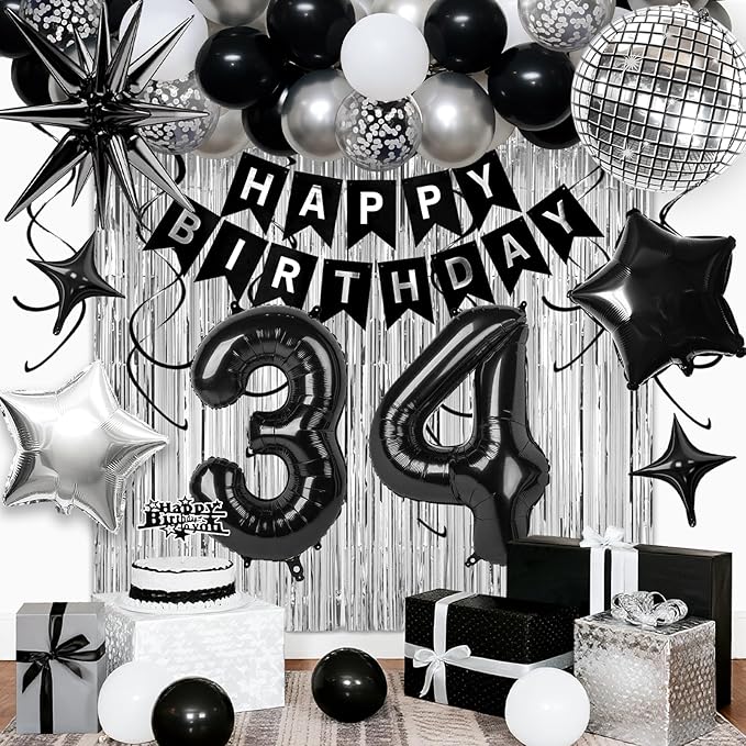34th Birthday Decorations for Men Women, Black Silver Happy Birthday Party Decorations， 34 Year Old Party Supplies with Number 34 Balloons, Banner, Fringe Curtains Kit