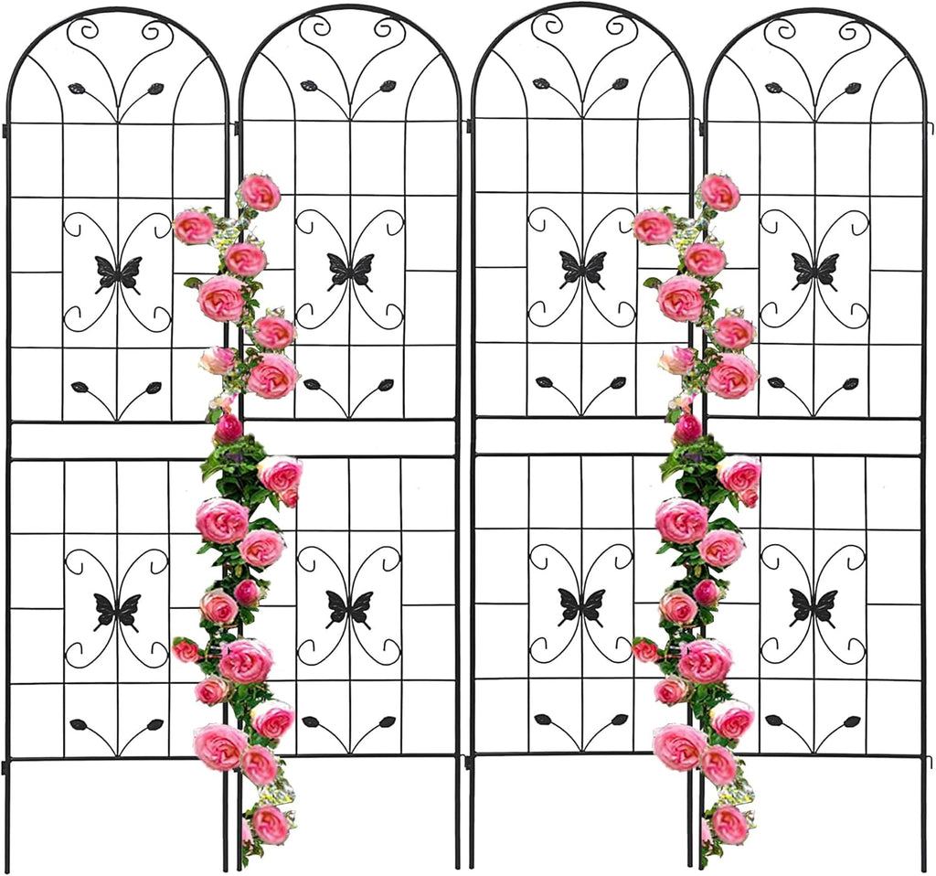 4 Pack Metal Garden Trellis 86.7" Black Fence Rustproof Garden Trellis for Climbing Plants Support Roses Flower Outdoor Lawn, Black