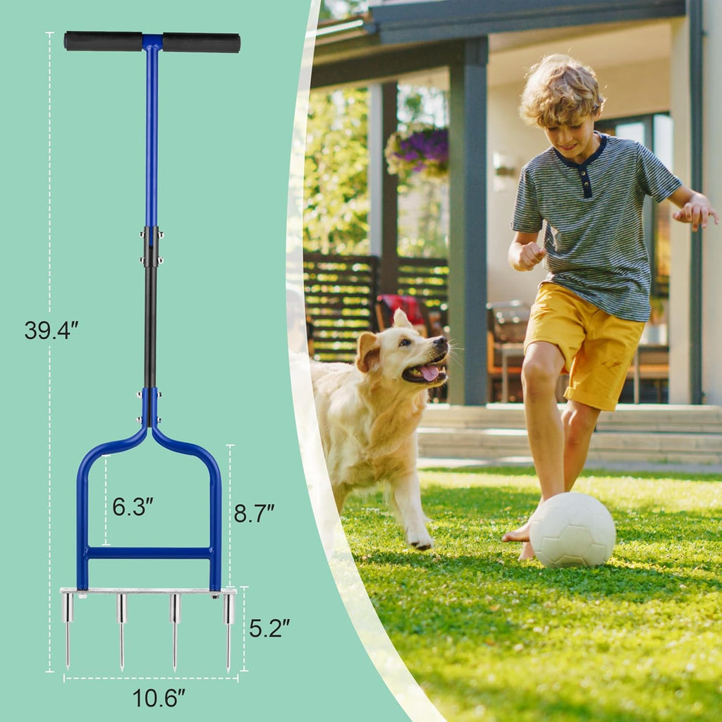 Spike Tine Fork Lawn Aerator - Four 5.2'' Stainless Steel Spikes Manual Gardening Hand Tool - Grass Dethatcher Aerator Lawn Tool with Solid Tines for Compacted Soil - Lawn Plugger Aerator