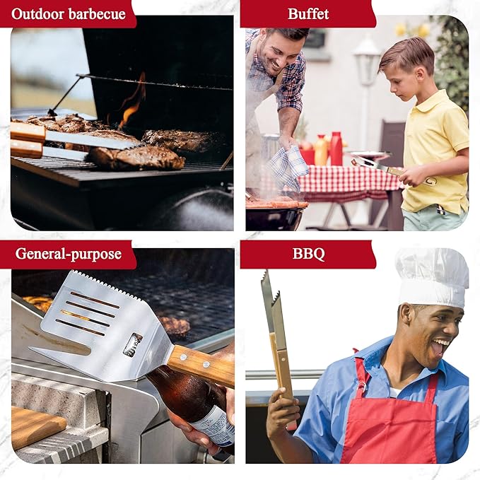 Heavy-Duty Grill Accessories BBQ Tool Sets Multi Functional Spatula with Knife Edge, Fork,Tongs, Bottle Opener Ash Wood Handle & Thick Stainless Steel Essential Accessories for Barbecue & Grill