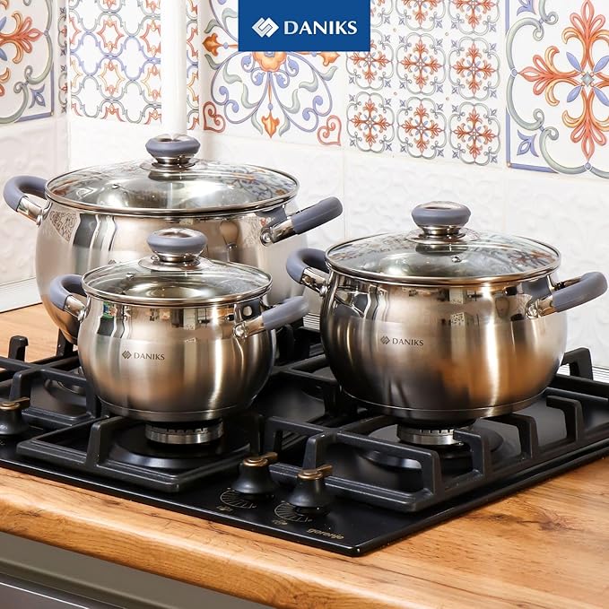 Daniks Modern 10-Piece Stainless Steel Induction Cookware Set – Dishwasher Safe Saucepan, Pots with Heatproof Handles, Glass Lids, Silver