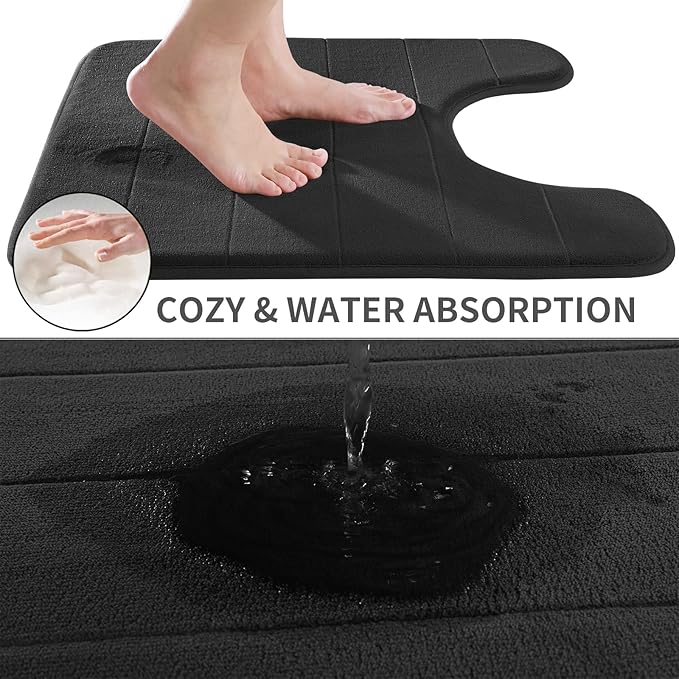 Yimobra Memory Foam Toilet Bath Mat U-Shaped, Commode Contour Rug, Soft and Comfortable, Super Water Absorption, Non-Slip, Thick, Machine Wash and Easier to Dry for Bathroom, 24 X 24 Inches, Black