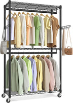 SONGMICS Heavy-Duty Rolling Clothes Rack, Garment Rack, Portable Closet, 35.4-Inch Wide Clothing Rack on Wheels, with Adjustable Mesh Shelves and Hanging Rails, Hooks, Ink Black ULGR413B01
