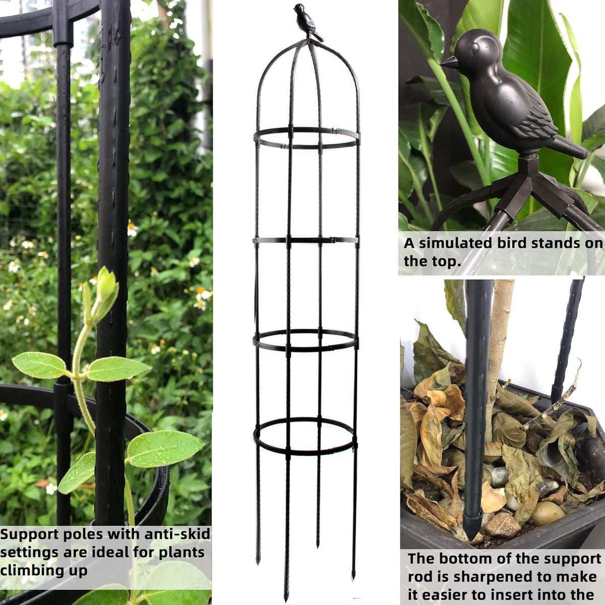 6ft Garden Obelisk Trellis for Climbing Plants-Rustproof Metal Pipe with Heavy Duty Plastic Coated, Garden Outdoor Indoor Potted Plant Support for Clematis Vine Jasmine Support （Black）