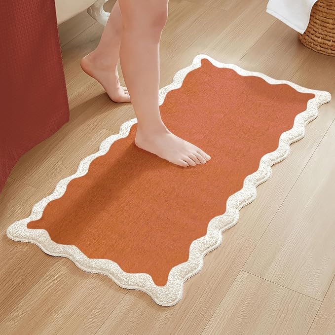 MONDAY MOOSE Bath Mat with Scalloped Wavy Ripple Design, Microfiber Absorbent Non Slip Tufted Rug for Floor, Shower or Kitchen (24x47 inch, Terracotta)