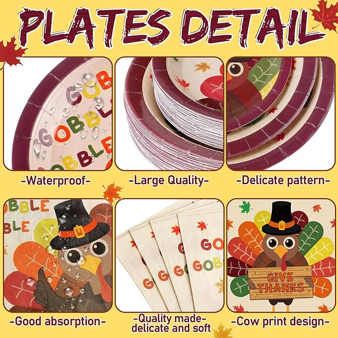 452 Pcs Turkey Thanksgiving Party Supplies for 50 Guests, Fall Thanksgiving Paper Plates Napkins Cups Tablecloth Cutlery Straws Tableware Set for Autumn Friendsgiving Party Decorations