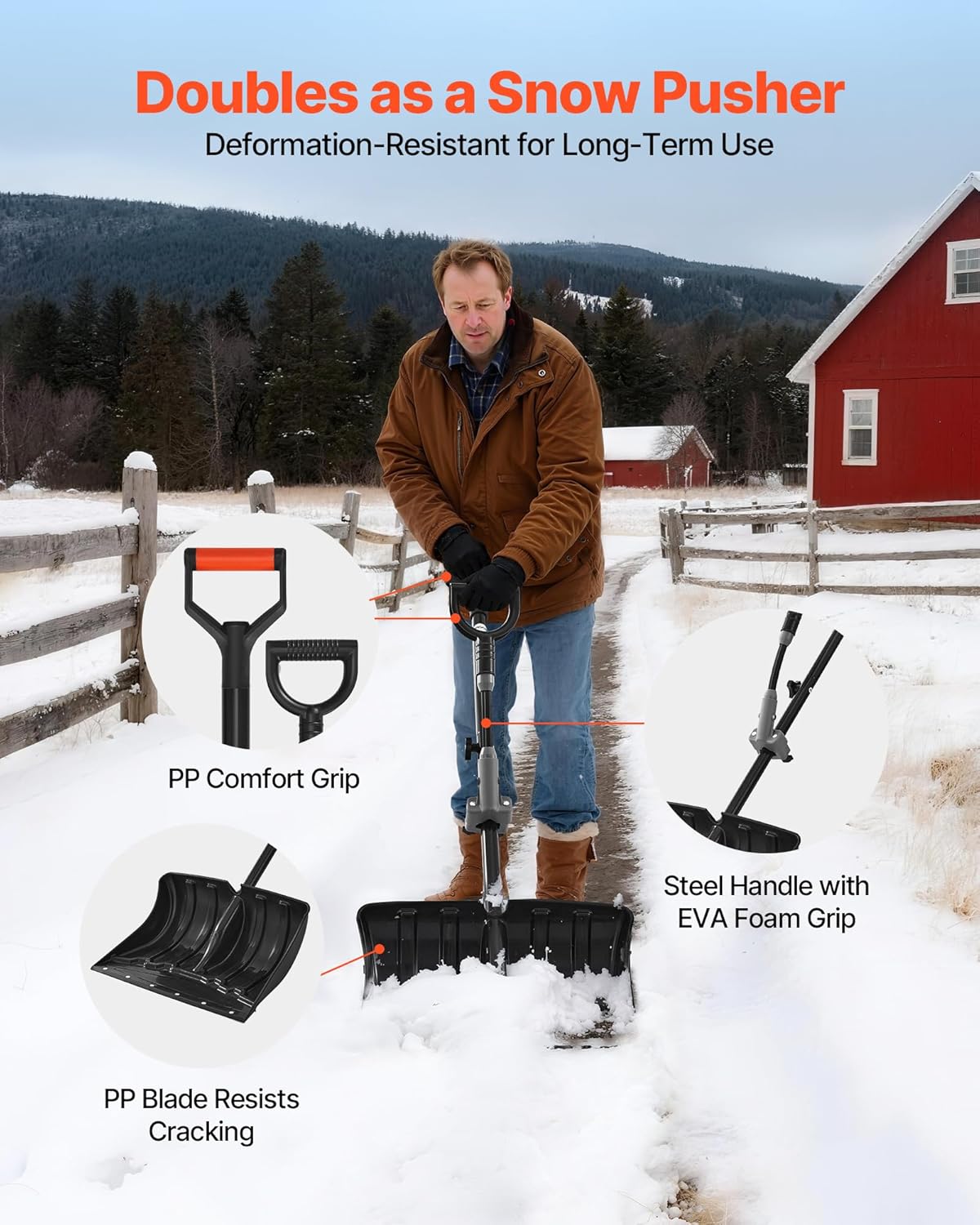 VEVOR Snow Shovel for Driveway, 18 in Wide Plastic Snow Shovel with Assist D-Shaped Handles, Non Slip Grip, Large Capacity Snowplow Shovels, Lightweight Snows Removal Tool for Garden Car Camping