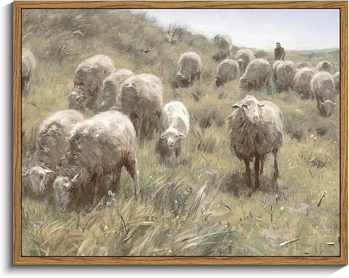 InSimSea Framed Canvas Wall Art Vintage Decor, Landscape Wall Art Prints, Sheep Grazing amidst the Hills Canvas Art Wall Decoration, Vintage Art Farmhouse Bedroom, 11"x14"