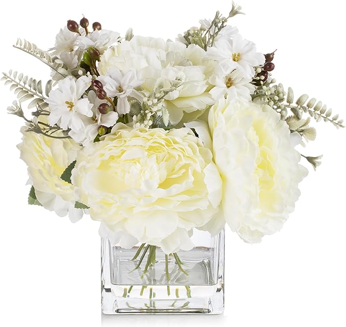 ENOVA FLORAL Artificial Flower Arrangement with Vase,Mixed Artificial Silk Peony Flower in Vase for Decoration Home Office, Wedding Centerpiece (Cream)