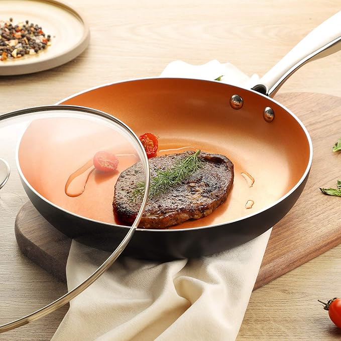 MICHELANGELO 10 Inch Copper Nonstick Frying Pan with Lid, Scratch Resistant Ceramic Coating, Oven and Dishwasher Safe