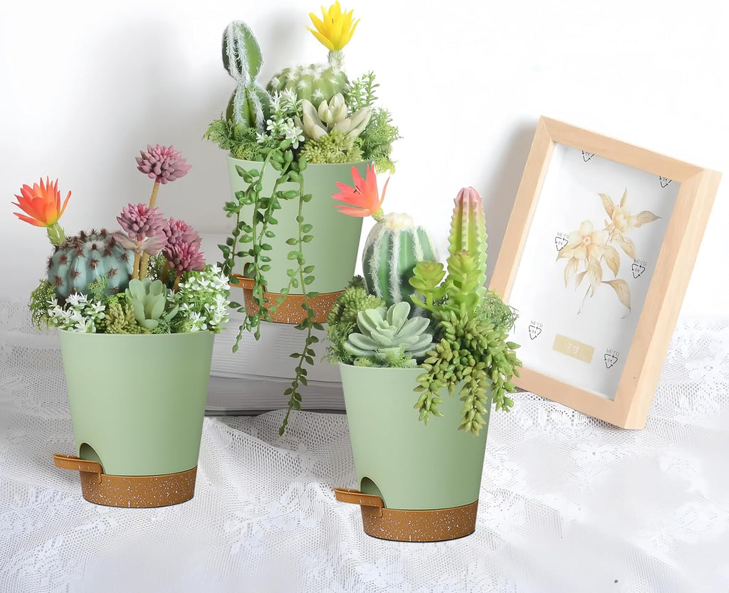 12 Pack 4 Inch Self Watering Plant Pots with Drainage and Saucers，Plastic Flower Pots for Indoor and Outdoor Plants, Nursery Planters for Houseplants and Herbs Green Brown, 4 inch 12pcs
