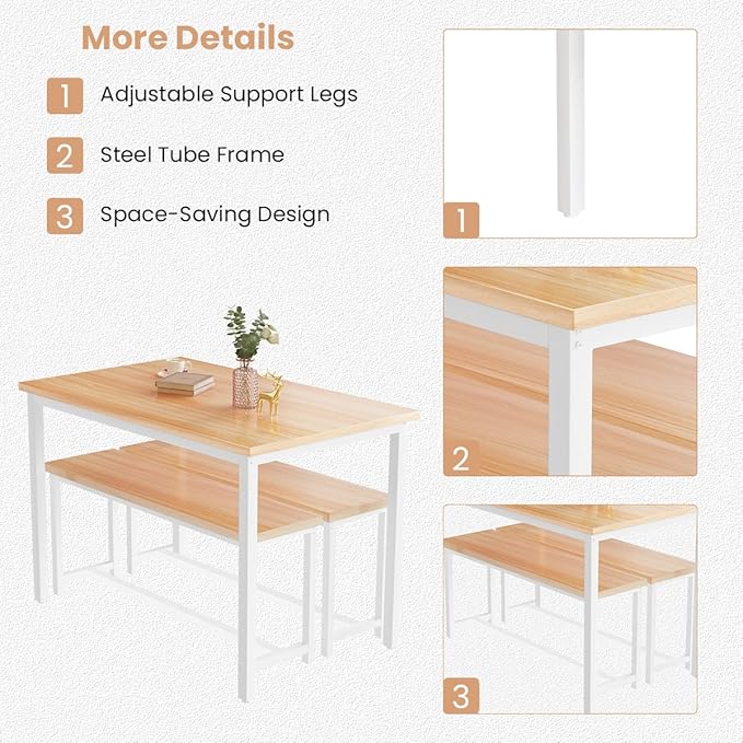 Recaceik Dining Table Set with Bench, 3 Pieces Dining Furniture Set Kitchen Table Set Sturdy Structure Space-Saving Dinette for Kitchen, Dining Room Breakfast Nook, Living Room, Beige