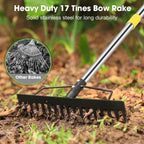 Heavy Duty Garden Rake for Leaves - 17 Tine Metal Head & Adjustable Stainless Steel Handle, 17" Wide 5.58FT Yard Rake for Shrub Leveling/Grass Care