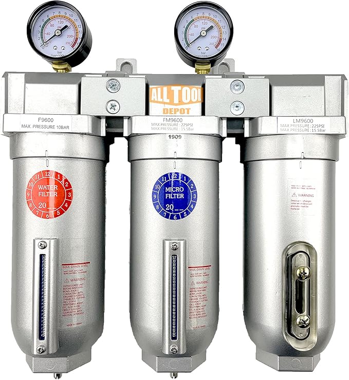 1" NPT SUPER DUTY Industrial Grade 3 Stages Filter Coalescing Desiccant Dryer System For Compressed Air Lines, Metal Bowls, Great For Paint Spray And Plasma Cutter (MANUAL DRAIN)