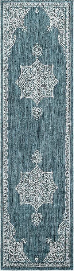 Unique Loom Outdoor Traditional Collection Area Rug - Antique (2' 7" x 10' Runner Teal/Ivory)