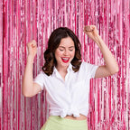 2 Pack Pink Tinsel Foil Fringe Curtains, Pink Party Decorations, Metallic Tinsel Party Streamers Backdrop for Birthday Baby Shower Graduation Wedding Bachelorette Party Decorations