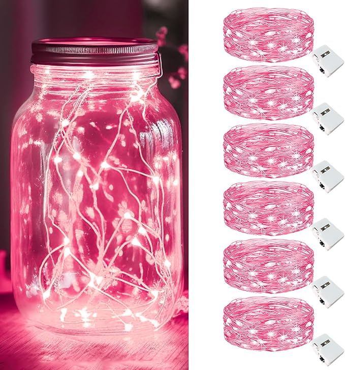kolpop 6 Pack LED Fairy Lights Battery Operated, Mini Twinkle String Lights Battery Powered Waterproof for Christmas Mason Jars Party,Pink