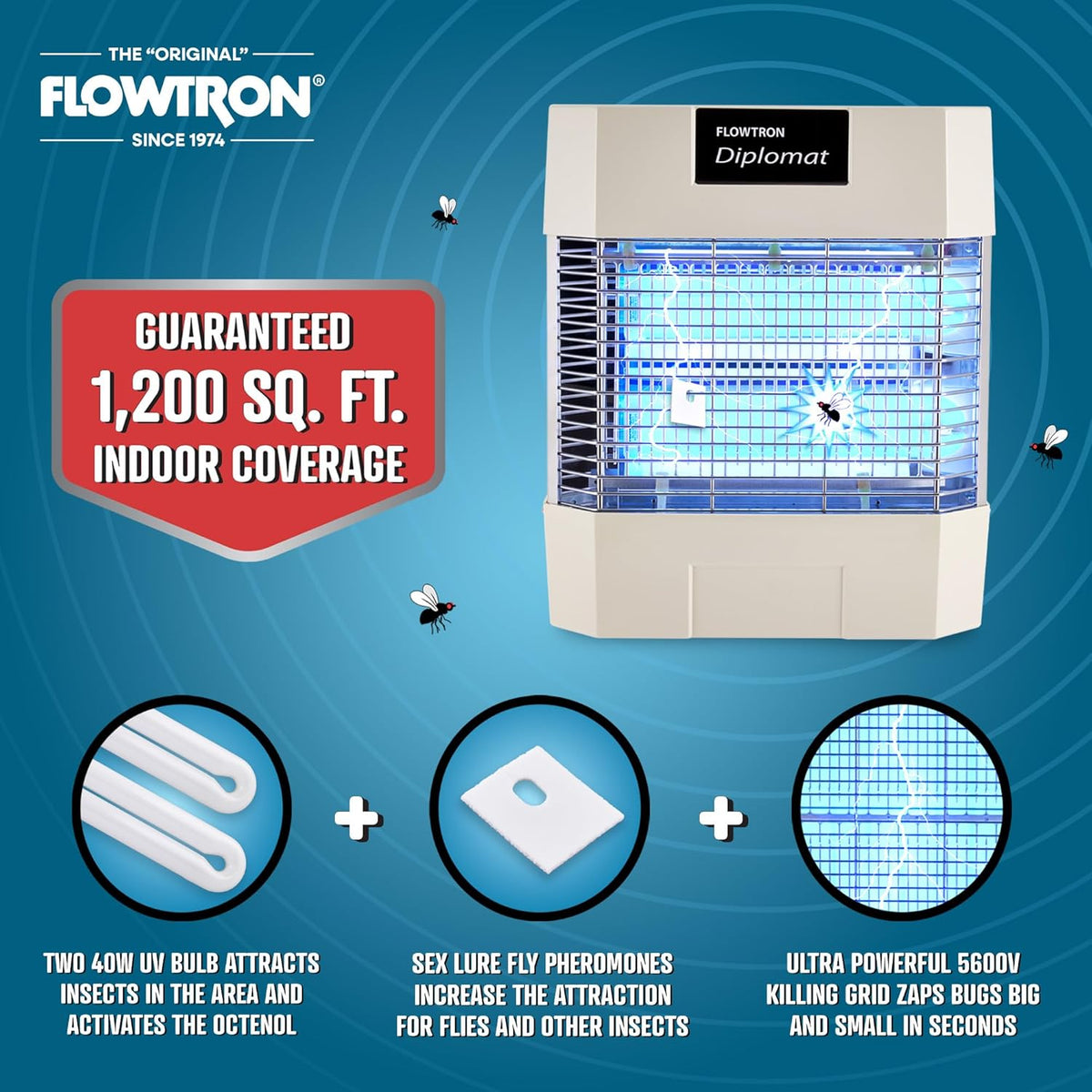 Flowtron Indoor Bug Zapper | Electric Fly & Insect Killer with 80W UV Light, Pheromone Lure Attractant, Shock Kill Grid & Reflector Panels | 1200 Sq Ft for Kitchen, Restaurant & Barn, UL Certified