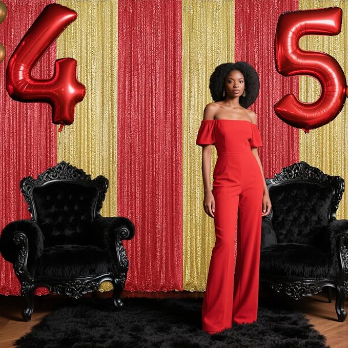 Red Sequin Backdrop Curtain 4 Pieces 2FTx8FT Glitter Photography Backdrop for Party Wedding Birthday Christmas Decorations