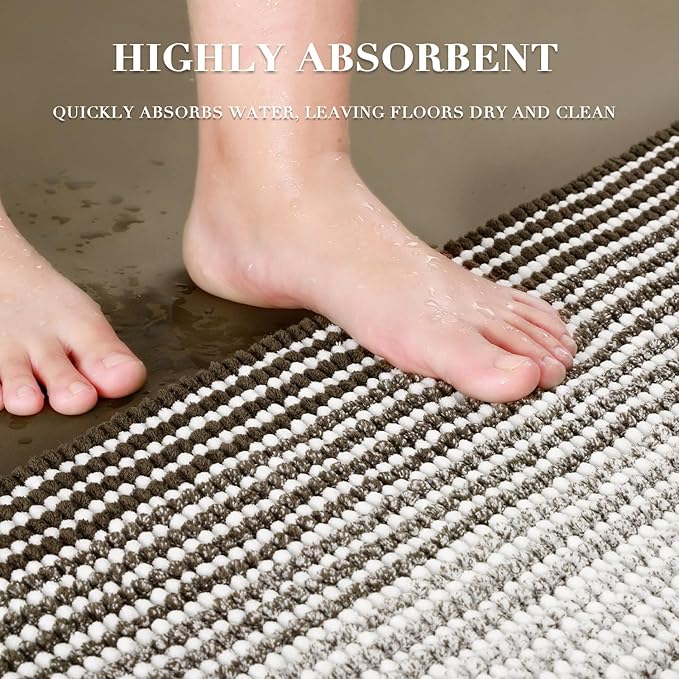 BSICPRO Bathroom Rugs and Mats Sets, 2 Piece Thick Absorbent Chenille Bath Mat Rug Set Non Slip, Soft Shaggy Bath Room Floor Mats for Bathroom, Machine Washable (Latte, 20" x 60" Plus 20" x 32")