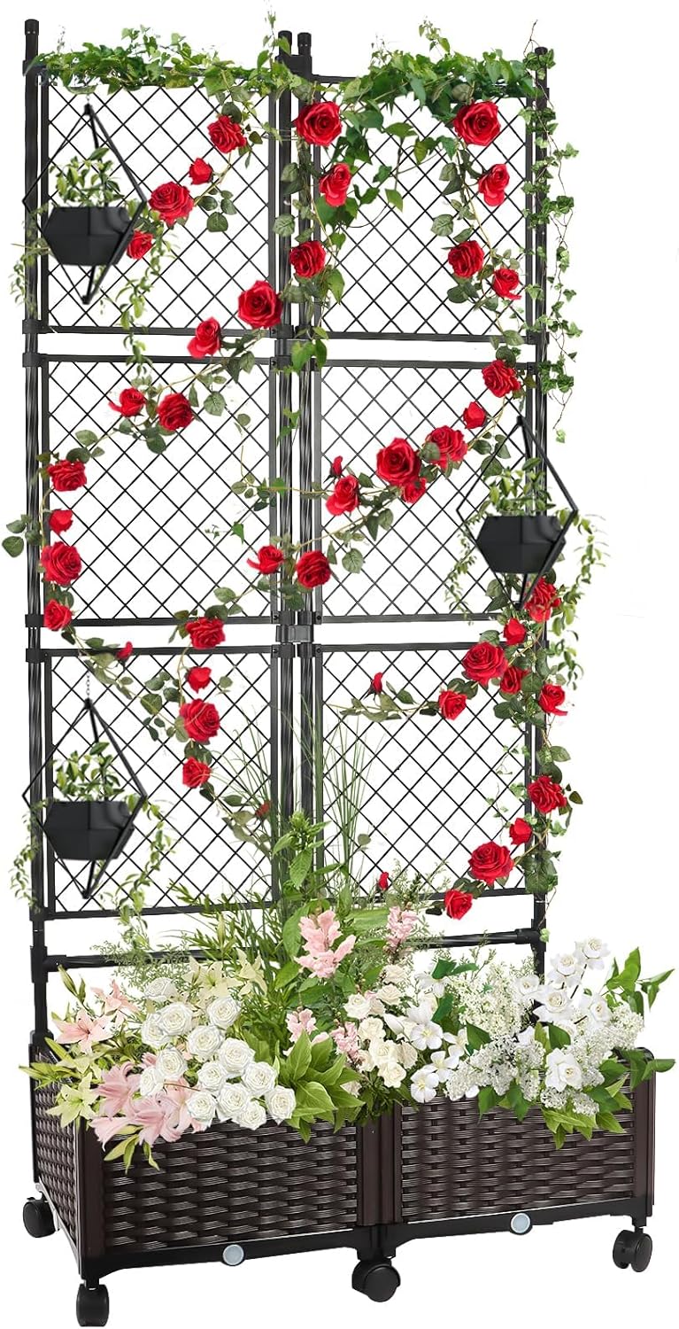 Kalolary 170CM Raised Garden Bed with Metal Trellis, Large Plastic Planter Box with Drainage Hole on Wheels Tomato Planters Climbing Trellis Outdoor Indoor for Climbing Plants Vegetable Flowers Vine