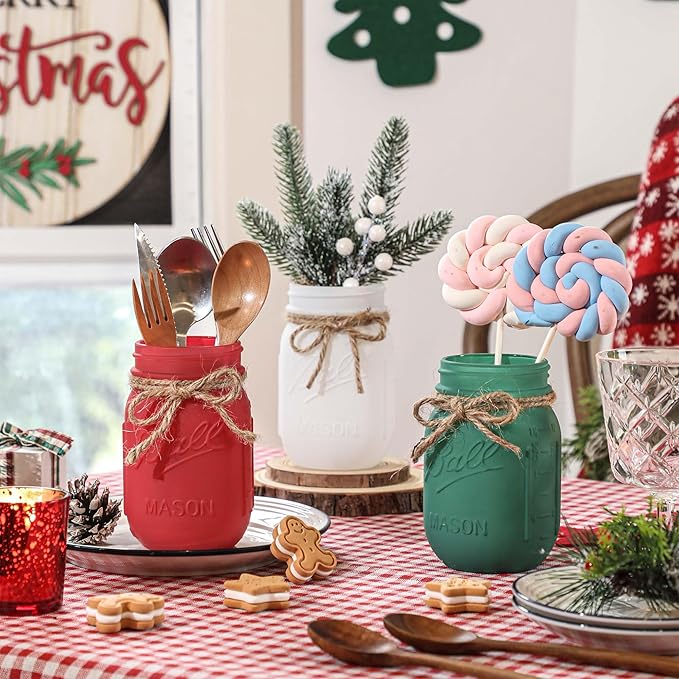Winter Mason Jars, Winter Centerpieces for Tables, Wood Tray & 3 Painted Decorative Jars, Christmas Table Centerpieces Decoration, Farmhouse Dining Table Kitchen Decorations Home Decor