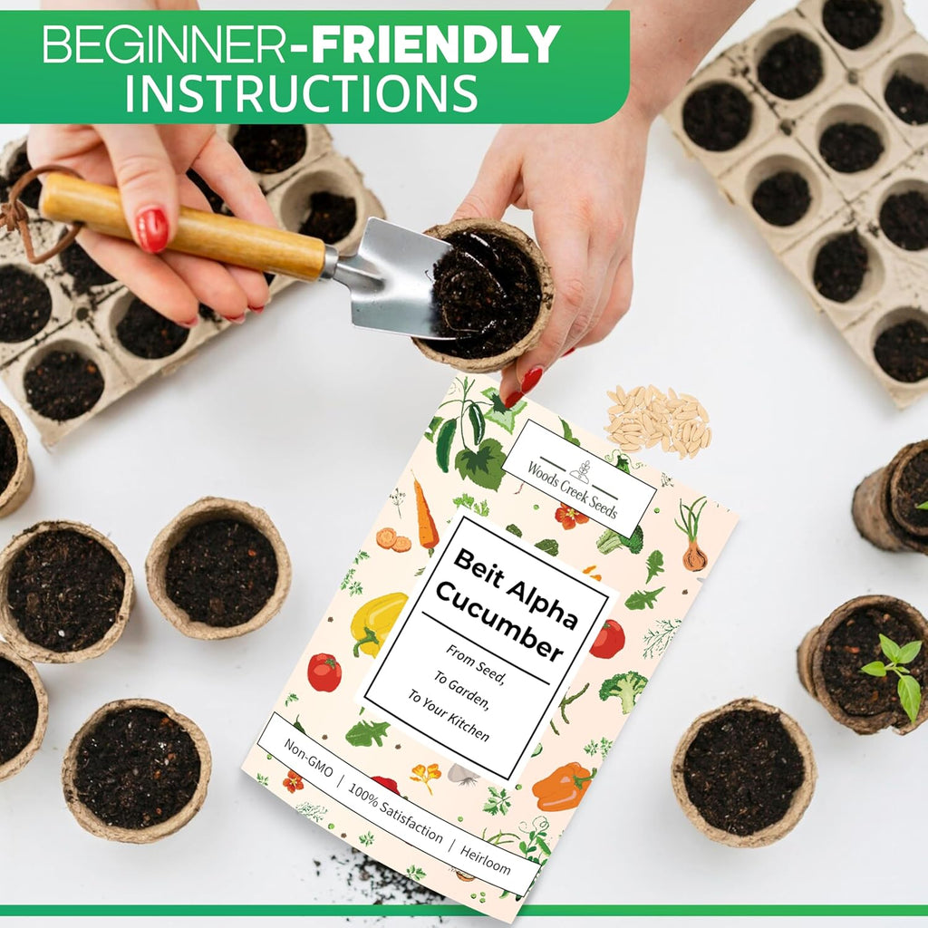 Woods Creek Seeds: Beit Alpha Cucumber Seed CMR/MMR for Planting - Over 90 Heirloom Seed Pack - Non-GMO Pickling Cucumber Seeds for Planting Indoors or Outdoors