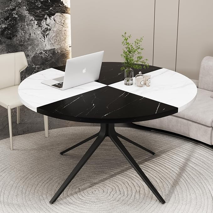 VOWNER Modern Round Dining Table for 4-6 People, 47 Inches Wood Kitchen Table, Dining Room Table with Metal Legs, Circle Coffee Dining Room for Living Room, Home, Apartment, Black and White