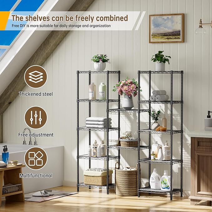 6 Tier Shelf Adjustable Storage Mesh Gaps Metal Utility Shelves Wire Shelving Unit Organizer Rack for Home Kitchen Office Bathroom Pantry Room10 D x 16" W x 60" H Black
