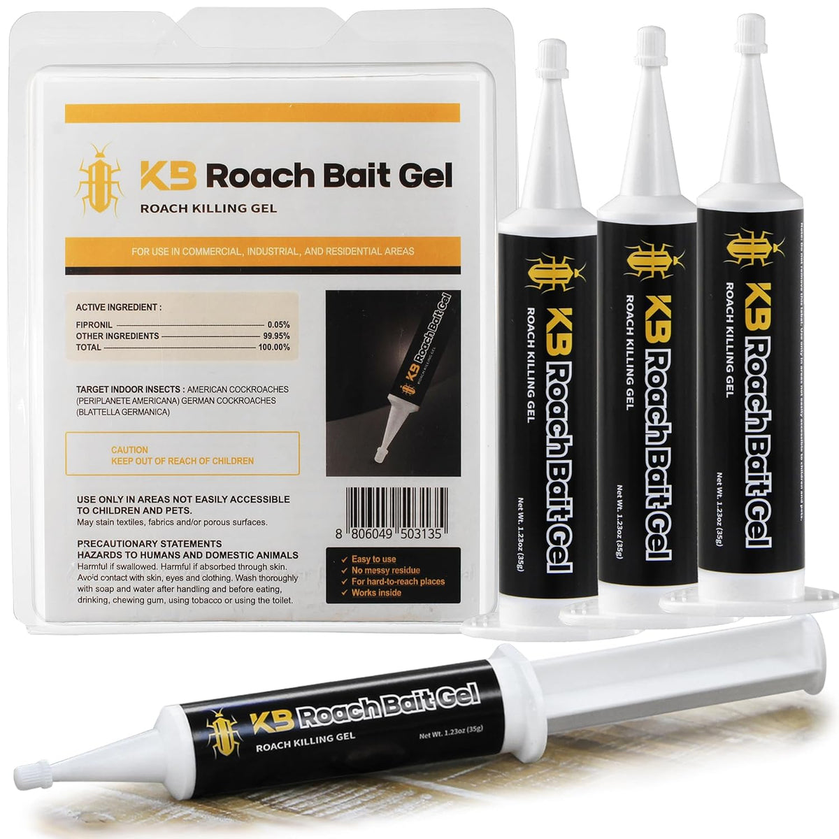 Roach Killer Indoor Infestation for Home(4 PCS) - German Cockroach Killer with 99% Efficacy (97% USA) - Cockroach Gel Bait Syringes - Fipronil 0.05% - Get Fast Results