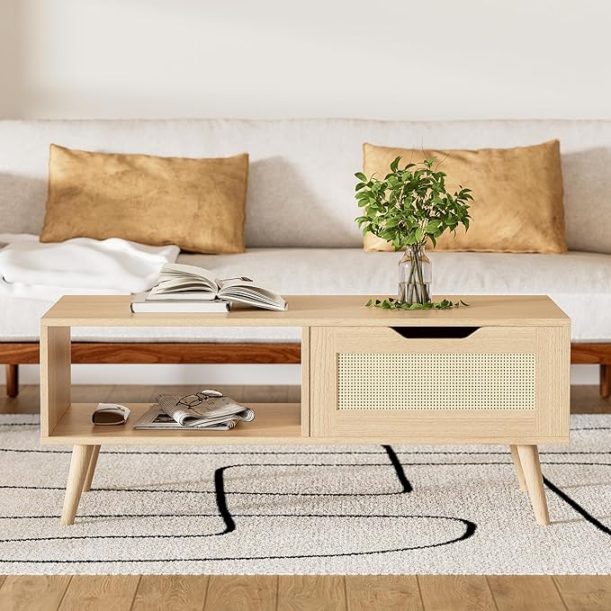 Oak Rattan Coffee Table, Mid Century Modern with Drawer & Shelf, 39'' Wooden Boho Coffee Table for Living Room