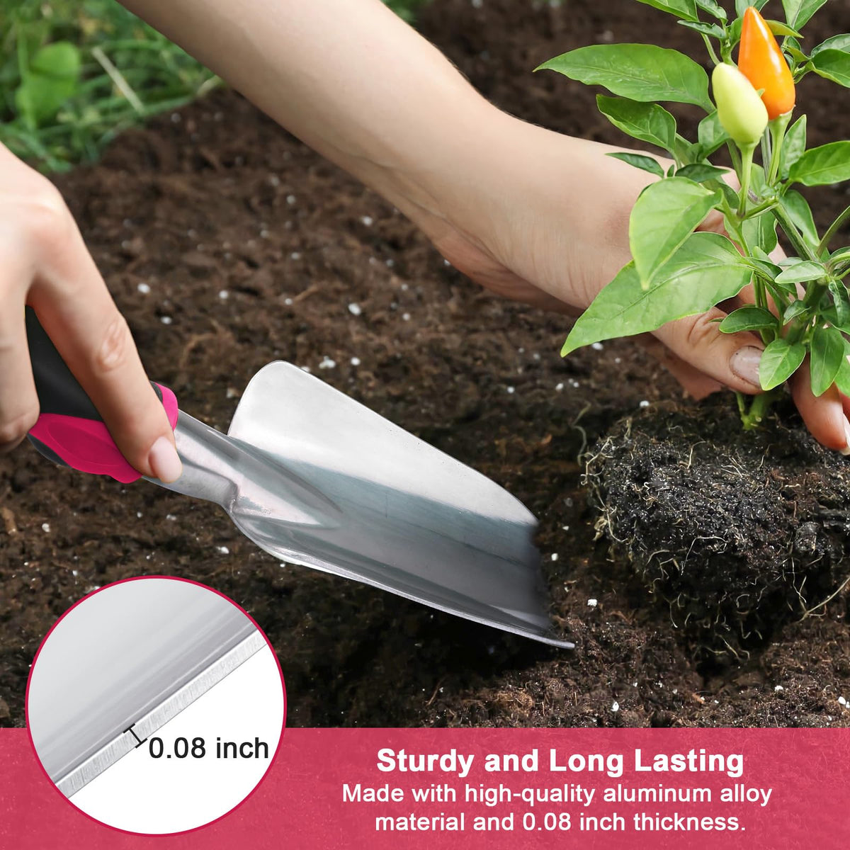 Garden Tools Set, 3 Pack Heavy Duty Gardening Tools Set Include Garden Shovel, Transplant Trowel and Hand Rake with Ergonomic Handle, Aluminum Alloy Lawn for Planting Tools, Red