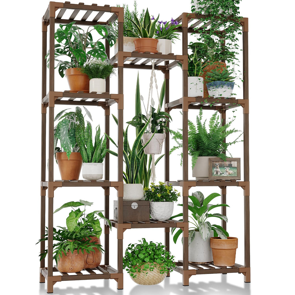 Bamworld Plant Stand Indoor Outdoor Tall Plant Shelf for Multiple Plants Pots Wood Flower Stand Large Flower Holder for Living Room, Patio, Balcony, Garden Decor, Brown