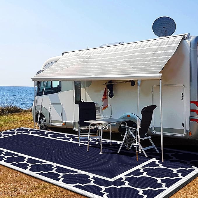 GENIMO 10 ' x 20 ' Outdoor Rug Waterproof for Patio Decor, Foldable Reversible Plastic Straw Area Rugs Mat for Camper, Outside Carpet for Rv, Deck, Porch, Picnic, Beach, Balcony, Blue & White