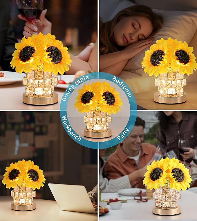 Sunflowers Lamp,Rechargeable Cordless Touch Lamp,3-Colour Infinitely Dimming Small Night Light,Crystal Table Lamp for Home Decor/Restaurant/Bar/Coffee Shop,Gifts for Women/Mom