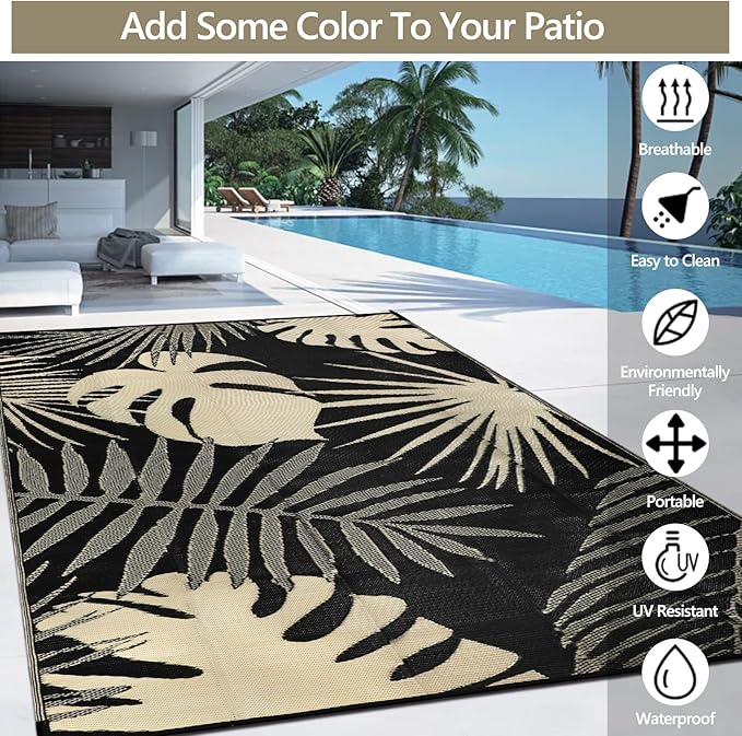Waterproof Outdoor Rug 9x12 ft, Reversible Plastic Straw Mat with Leaf Pattern, Large Floor Mat for Patio, Camping, Picnic, Backyard RV, Deck, Black