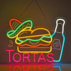 CNBEYOUNG Tortas Neon Sign, Neon Lights Hanging Wall Art Decoration for Mexican Restaurants Shop Bar Food Truck Kitchen Party Home Decor, USB - Driven, Super Bright & Adjustable,16.54x 12.6inches