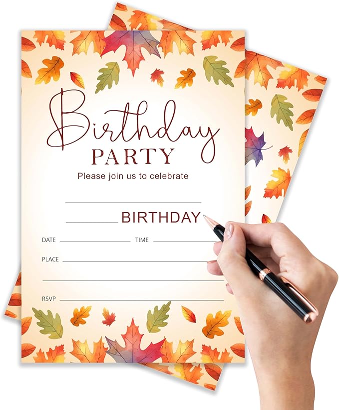 Fall Birthday Invitation Cards with Envelopes Pack of 20 (4"x6") - Leaf Autumn Themed Birthday Party Invitations.(159)