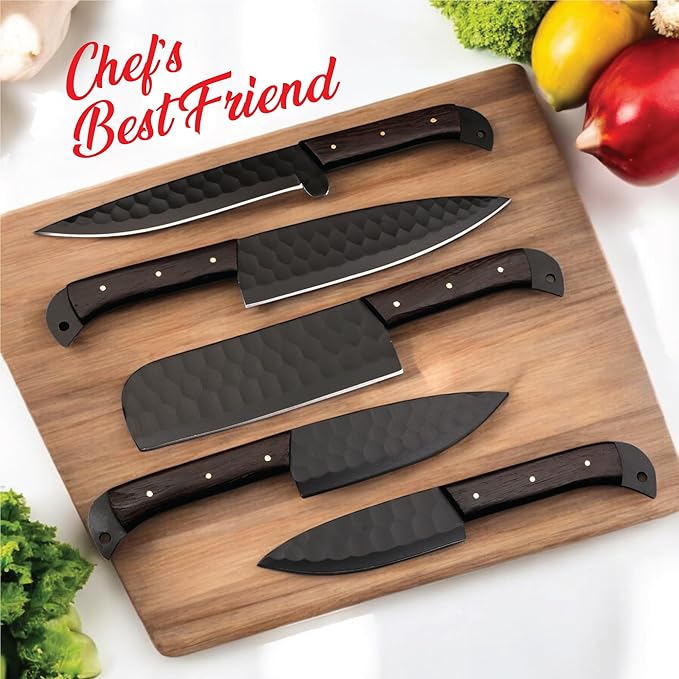 5 PCS Handmade Kitchen Chef Knife Set Hand Forged High Carbon Steel Blade Wengiwood Handle With Leather Bag Kit set included (Chef, Cleaver, Butcher, Paring, Fillet knife, Utility Knife) (Wengi Wood)