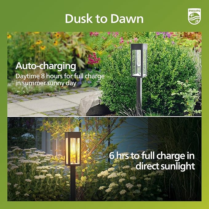 Philips 6 Packs Solar Pathway Lights Outdoor, Glass Metal Led Garden Landscape Lightings, 3000K Warm White, Waterproof for Decor Yard, Walkway, Patio, Driveway, Lawn