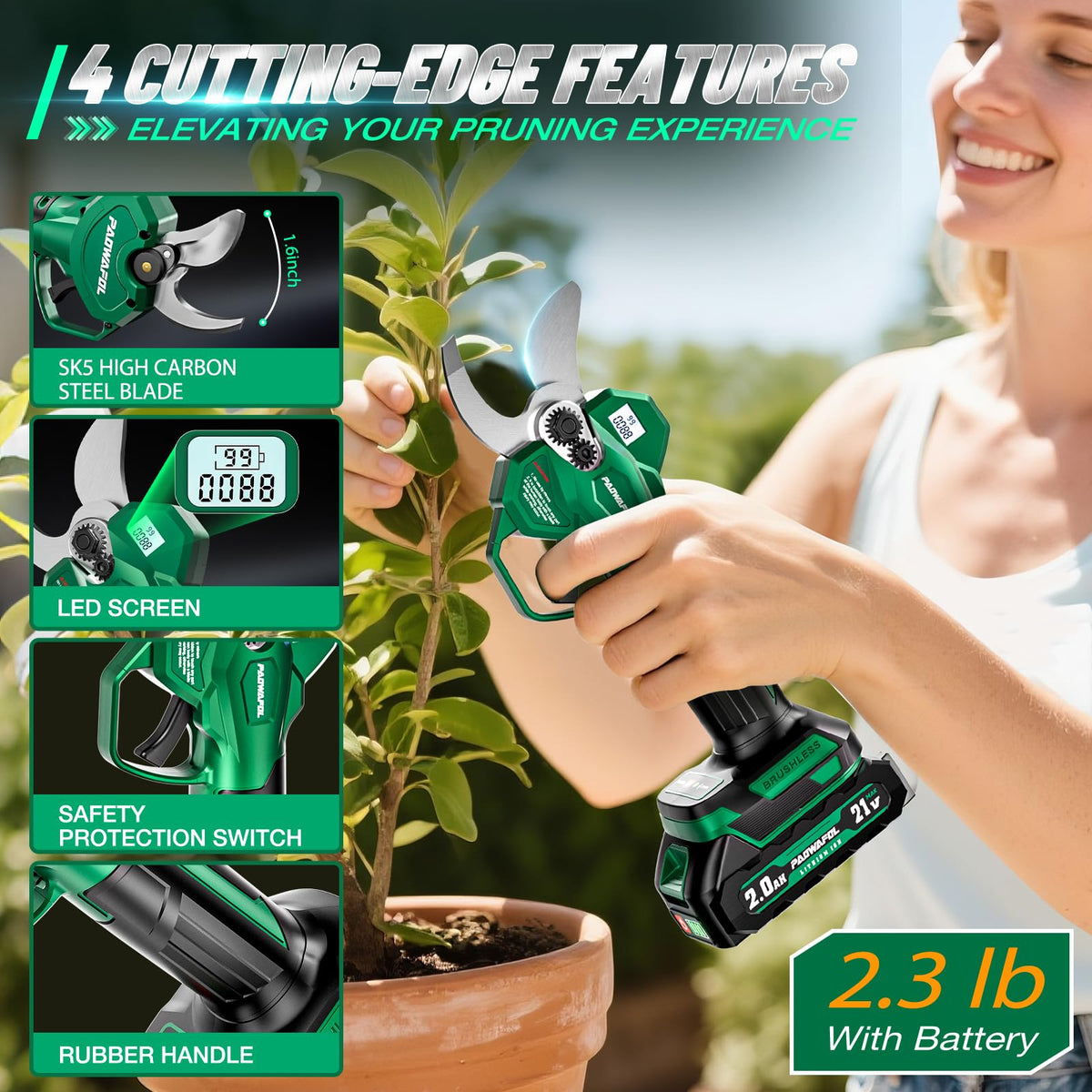 PAOWAFOL Electric Pruning Shears, 1.6" (41mm) Cordless Power Pruner with LCD Display, Brushless Motor, 2x2000mAh Batteries, 2xSK5 Blades, Battery Powered Branch Cutter for Garden Trimming