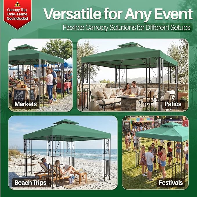 Flexzion 8x8 Gazebo Canopy Replacement Top Waterproof Cover - Outdoor Gazebo Canopy Cover - Double Tier UV30 Cover for Canopies, Garden, Patio, Yard Tent (Green)