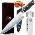 8 Inch Chef Knife, Kitchen Knife with Sharpener and Finger Guard, Professional Steel Sharp Chef's Knife Set with Ergonomic Handle, Gifts for Mom/Dad, Black