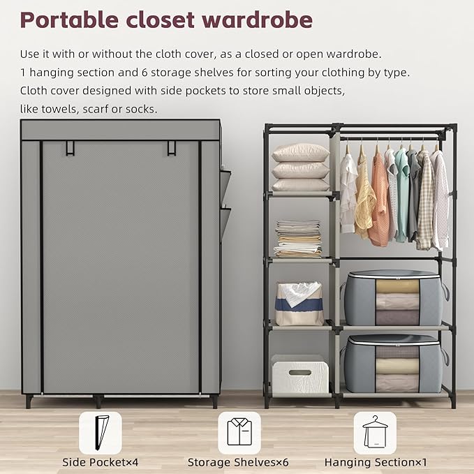 Calmootey Portable Closet, Wardrobe with 6 Shelves and Hanging Rod, Storage Organizer for Bedroom, Non-Woven Fabric Cover with 4 Side Pockets, Includes 2 Storage Bags for Clothes, Grey
