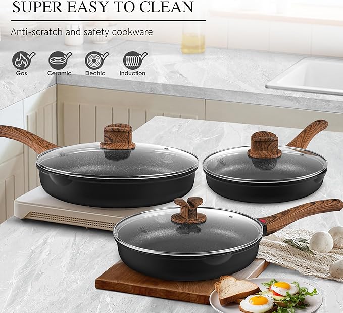 Vinchef 8" Non Stick Frying Pans, Skillet with Lid Used for All Stoves, Induction Non Toxic Cookware, Cooking Pans Nonstick Capable of Kitchen