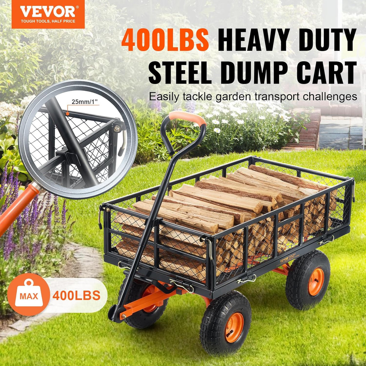 VEVOR 400lbs Steel Garden Dump Cart, Heavy Duty Garden Wagon Yard Dump Wagon with Removable Sides, Convert to Flatbed, Utility Liner, 10in All Terrain Wheels