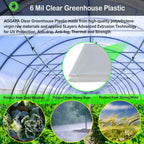 6 mil (12ft x 25ft) 100% Virgin Material. 5Layers Advanced Extrusion Technology for UV Protection, Anti-drip, Anti-Fog, Thermal and Strength. 4Years Lifetime UV Resistant Greenhouse Plastic